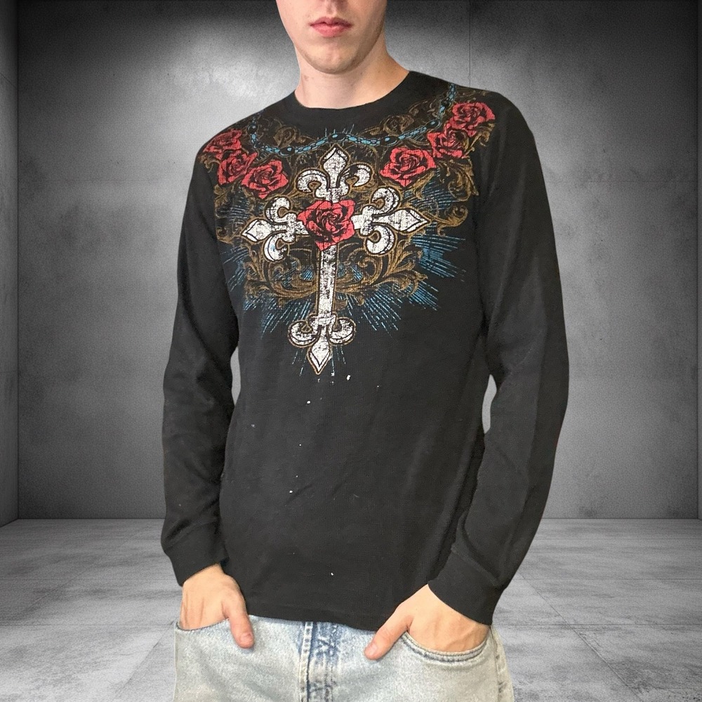 Vintage Elite Y2K Gothic Cross Rose Thermal Shirt Black Large Mall Goth Grunge
